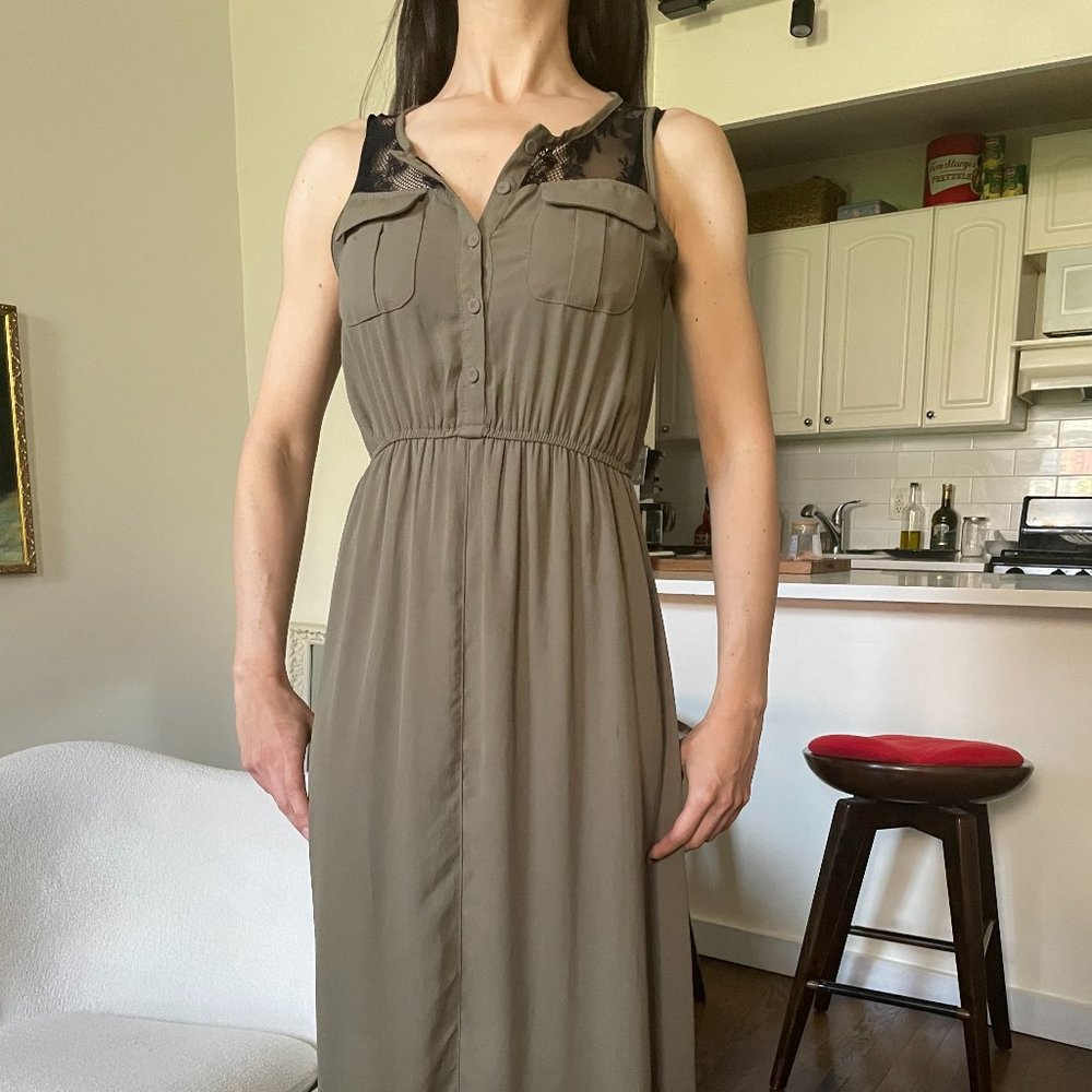 Lace Khaki Maxi Shirt Dress